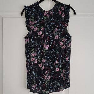 Spense Black Floral Ruffled Blouse with High Neckline